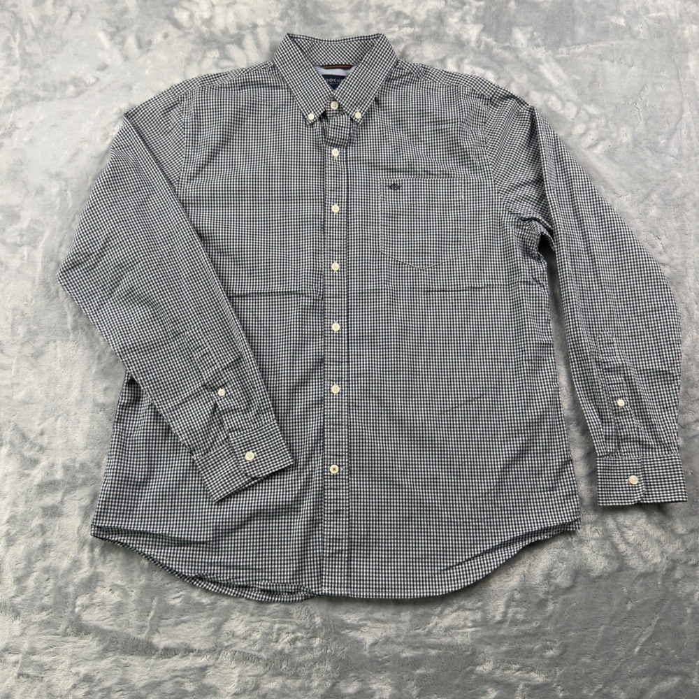 Dockers Mens Navy Blue White Gingham Check Long Sleeve Button Down Shirt Large